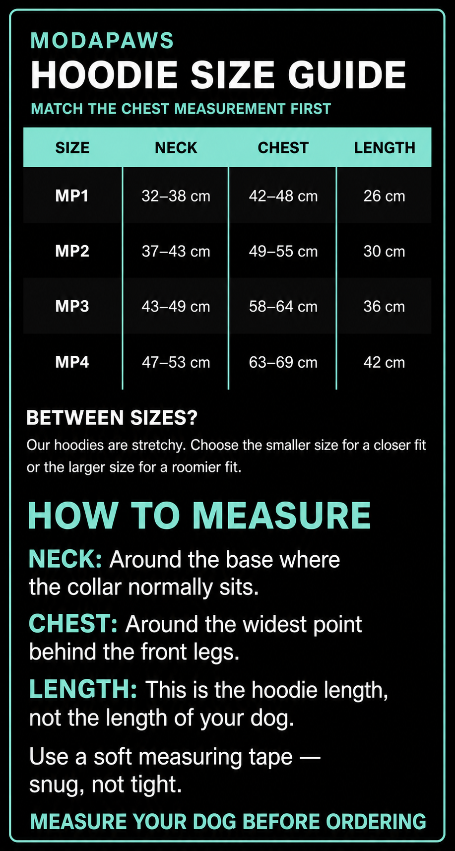 ModaPaws hoodie size guide with measuring instructions